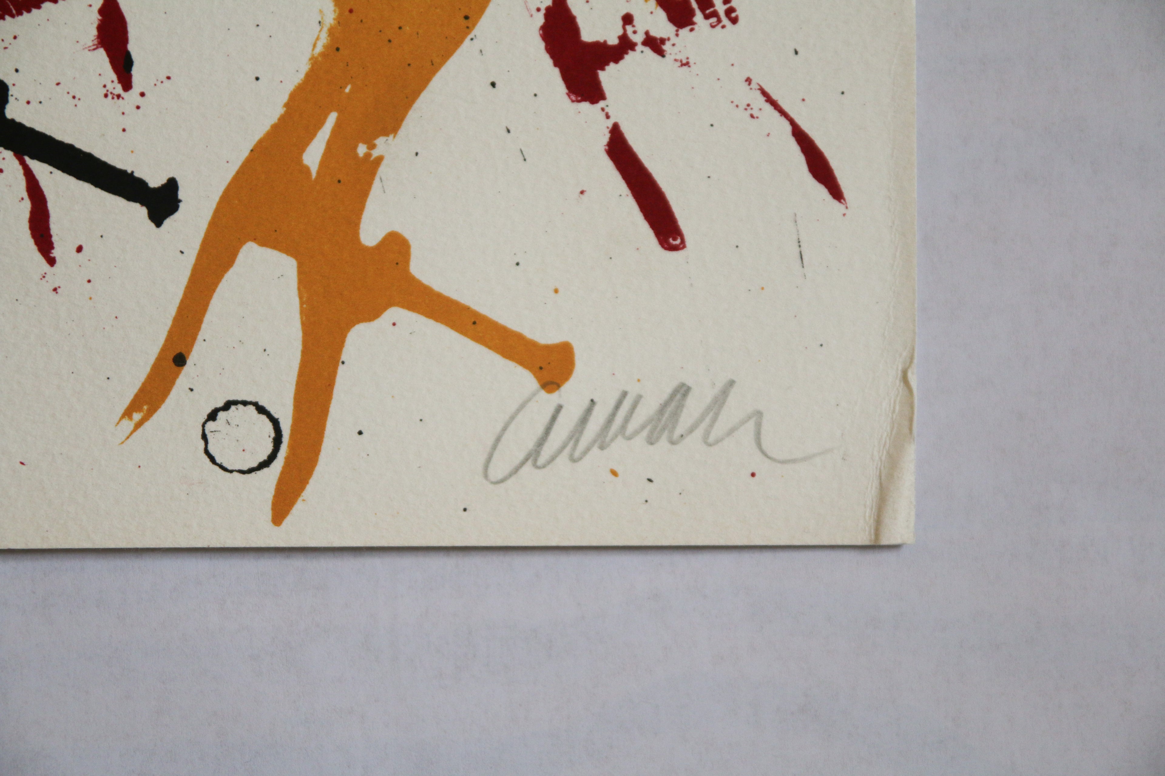 Signature autographe d'Arman au crayon sur lithographie originale d'accumulation.