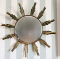 Miroir soleil vintage en métal doré, œil de sorcière convexe à rayons pointus, design moderniste années 50-60, Studio Cinquante.