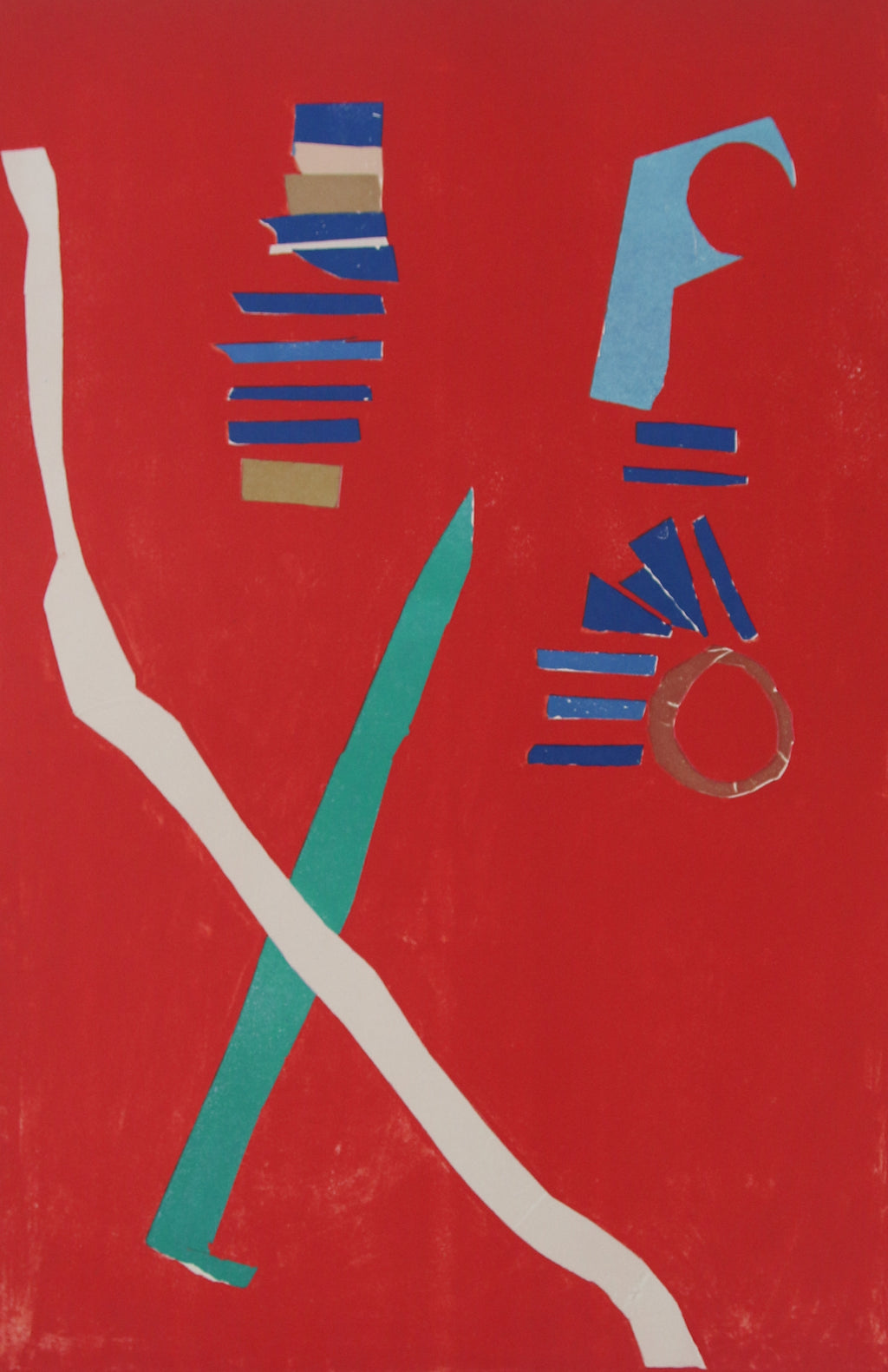 Gros plan sur la matière lithographique et le contraste entre le rouge, le blanc et le vert émeraude.