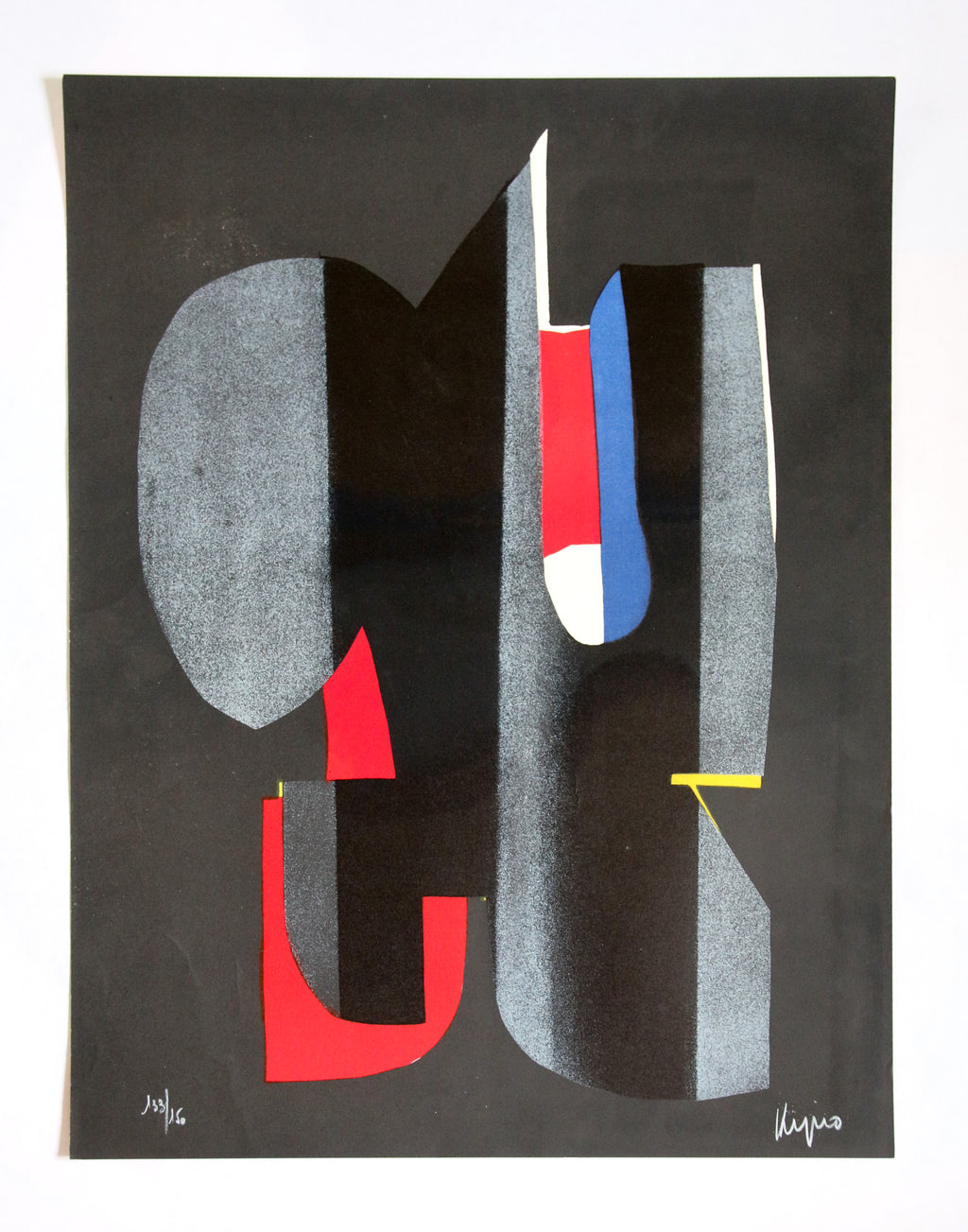 Sérigraphie originale Ladislas Kijno 1971 composition abstraite formes organiques sur fond noir.