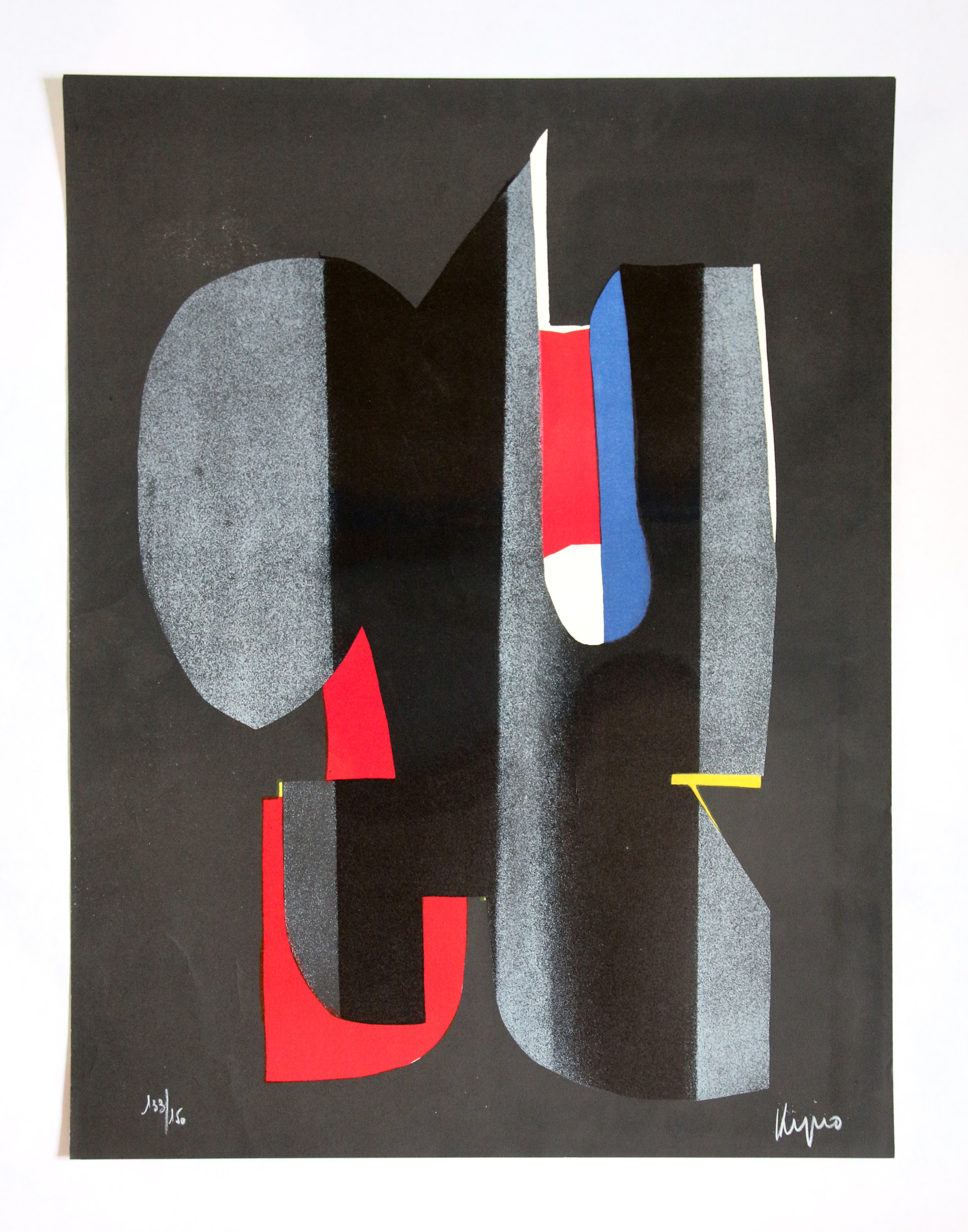 Sérigraphie originale Ladislas Kijno 1971 composition abstraite formes organiques sur fond noir.