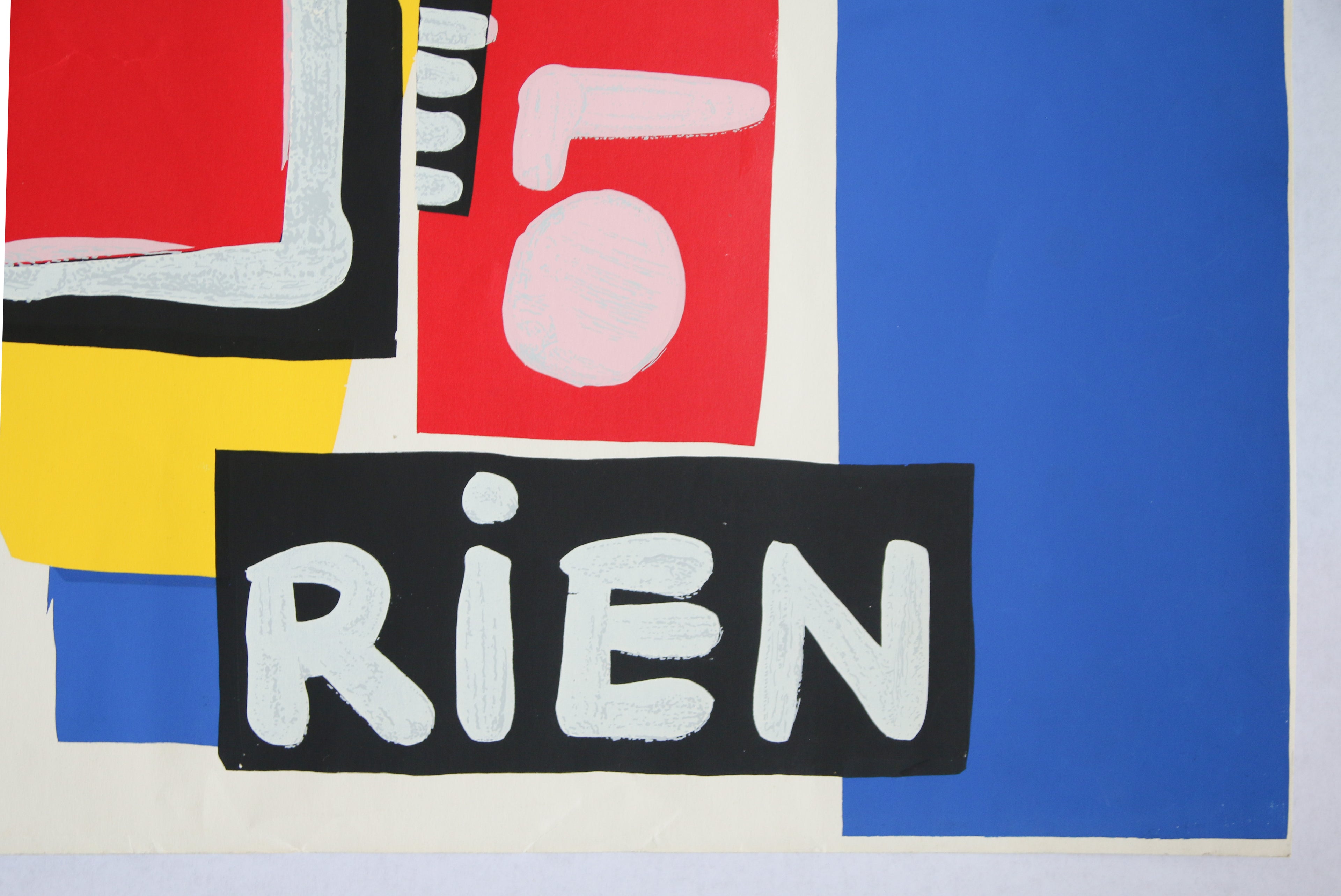 Zoom sur le lettrage RIEN et contrastes de couleurs sérigraphie Ladislas Kijno