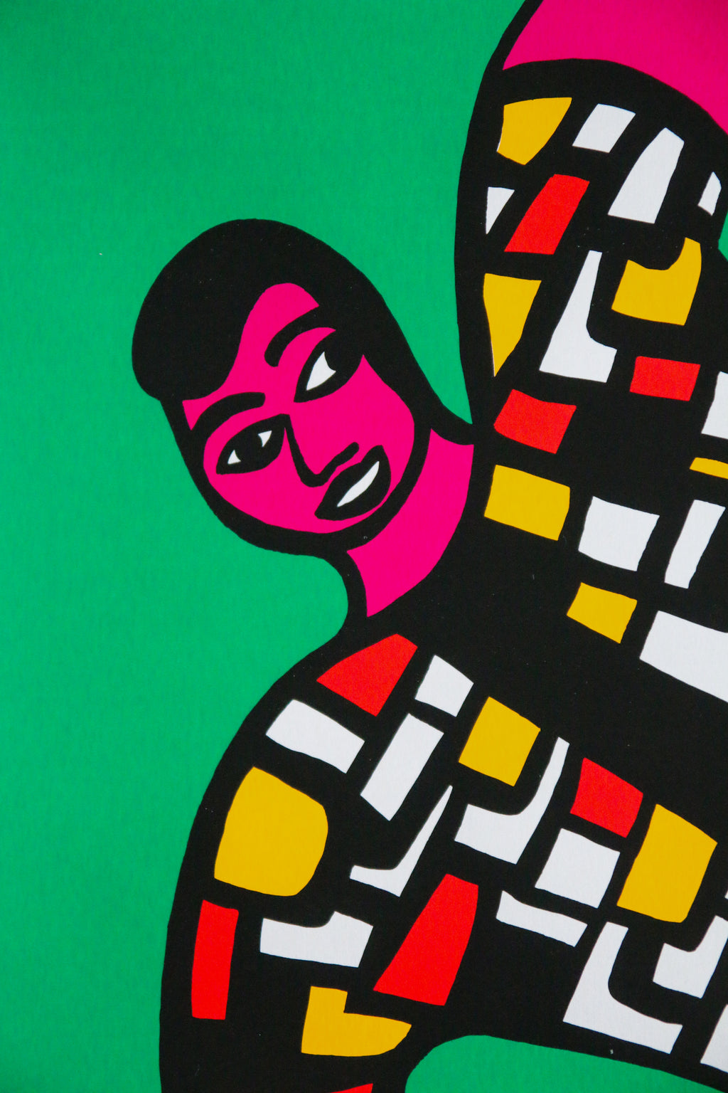 Gros plan sur la texture d'encre et la fraîcheur des couleurs de l'imprimeur suisse Albin Uldry pour Niki de Saint Phalle.