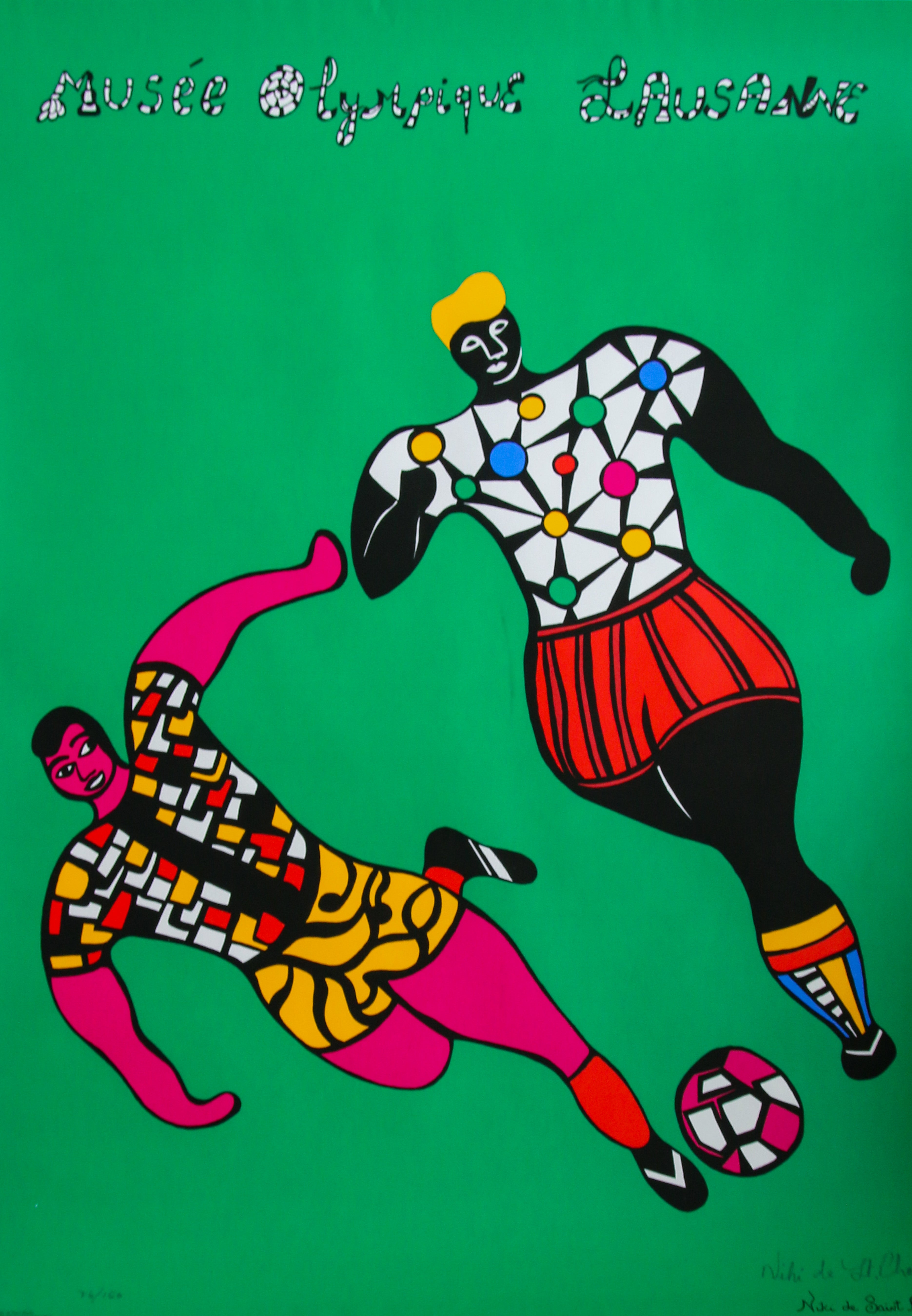 Sérigraphie originale Niki de Saint Phalle Musée Olympique de Lausanne 1993, Les Footballeurs, estampe signée disponible chez Studio Cinquante.