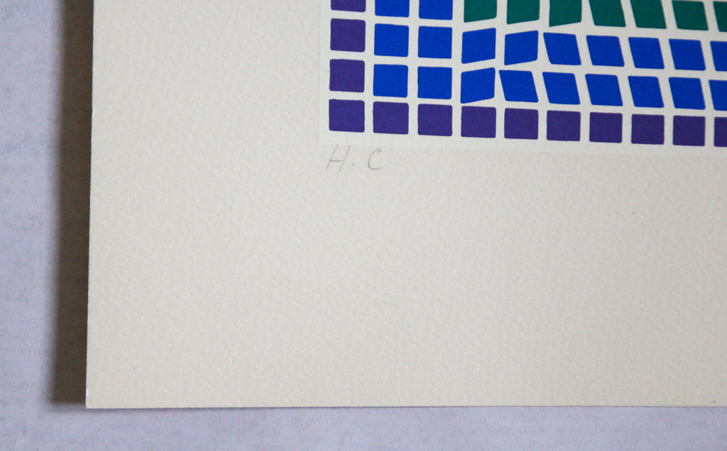Mention manuscrite H.C. pour Hors Commerce au crayon sur une estampe originale de Victor Vasarely.