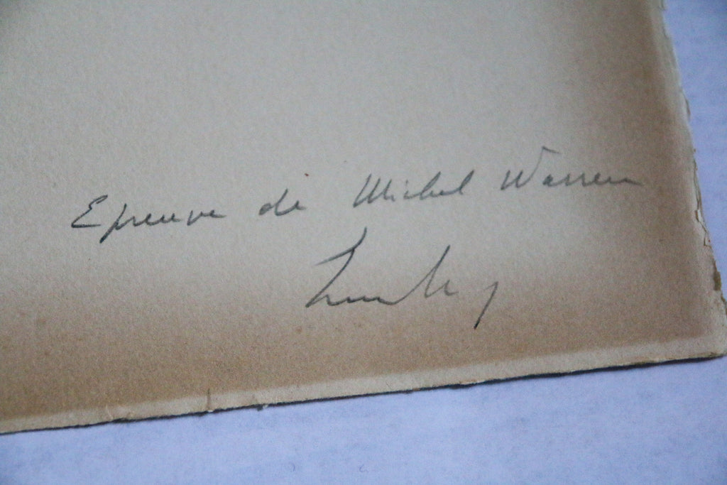 Détail de la signature manuscrite de Berto Lardera sur une lithographie originale, avec la mention « Épreuve de Michel Warren », sur papier Arches légèrement insolé.