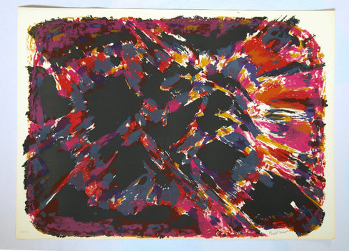 Lithographie originale signée de Manessier Éclatement : une explosion de couleurs abstraites sur fond noir.