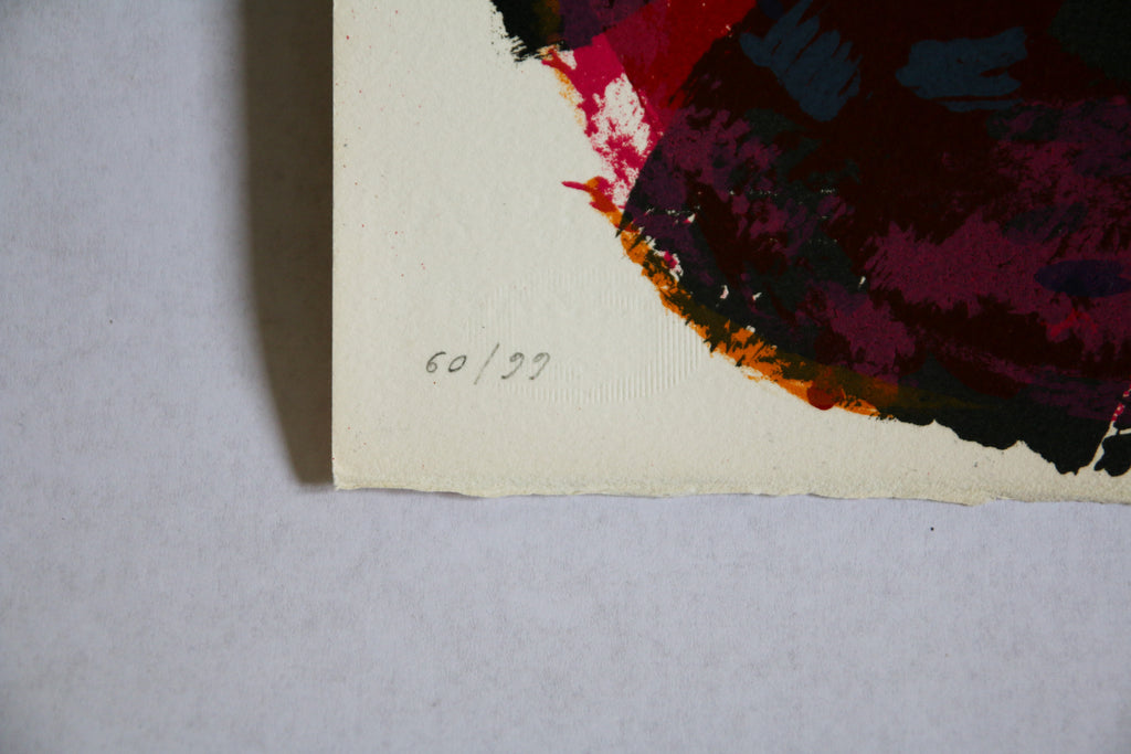 Détail de la numérotation 60/99 sur papier vélin d'Arches de la lithographie Éclatement par Manessier.