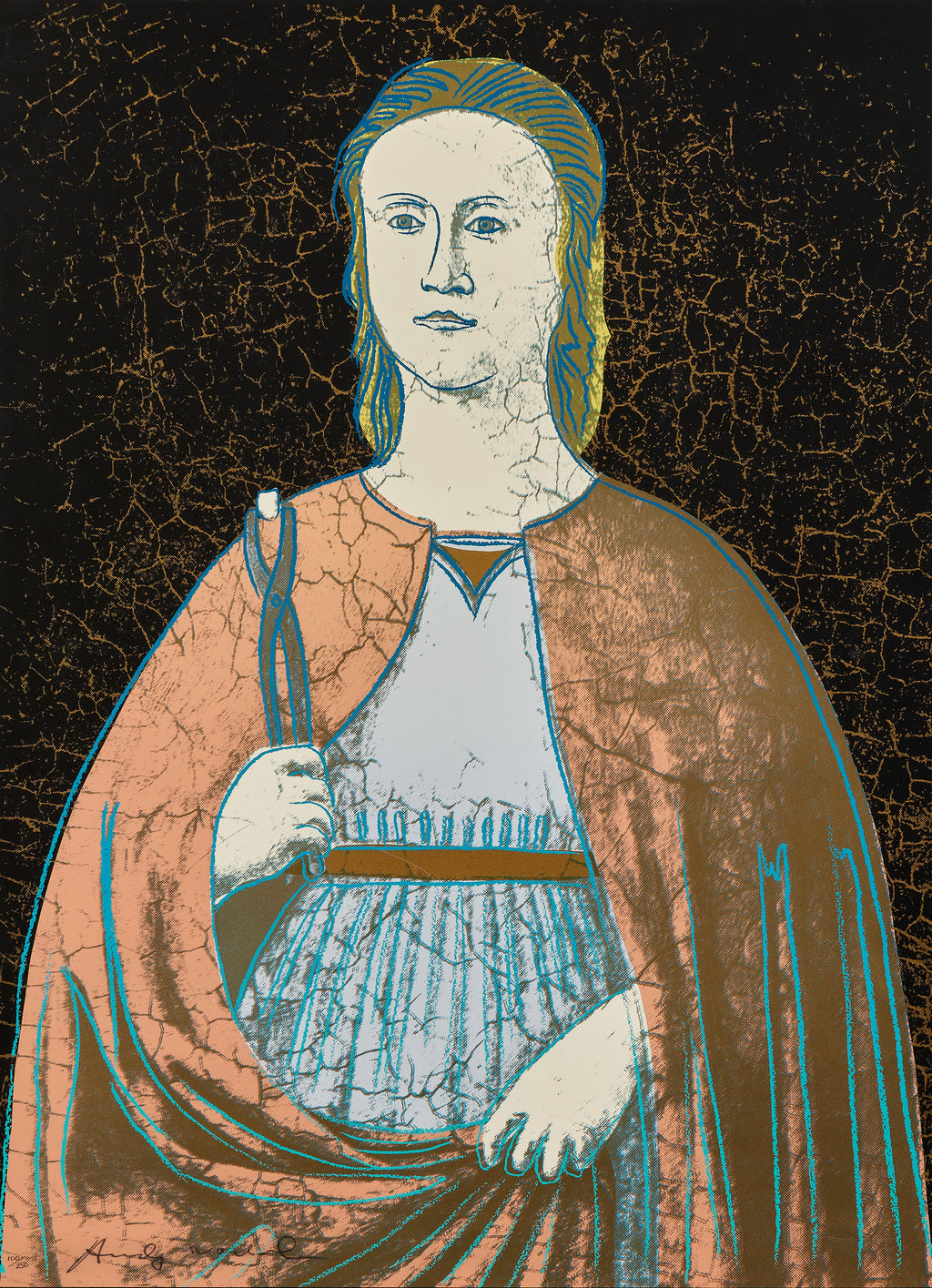 Sérigraphie originale d'Andy Warhol "Santa Apollonia" (1984), profil de sainte sur fond noir texturé, édition signée